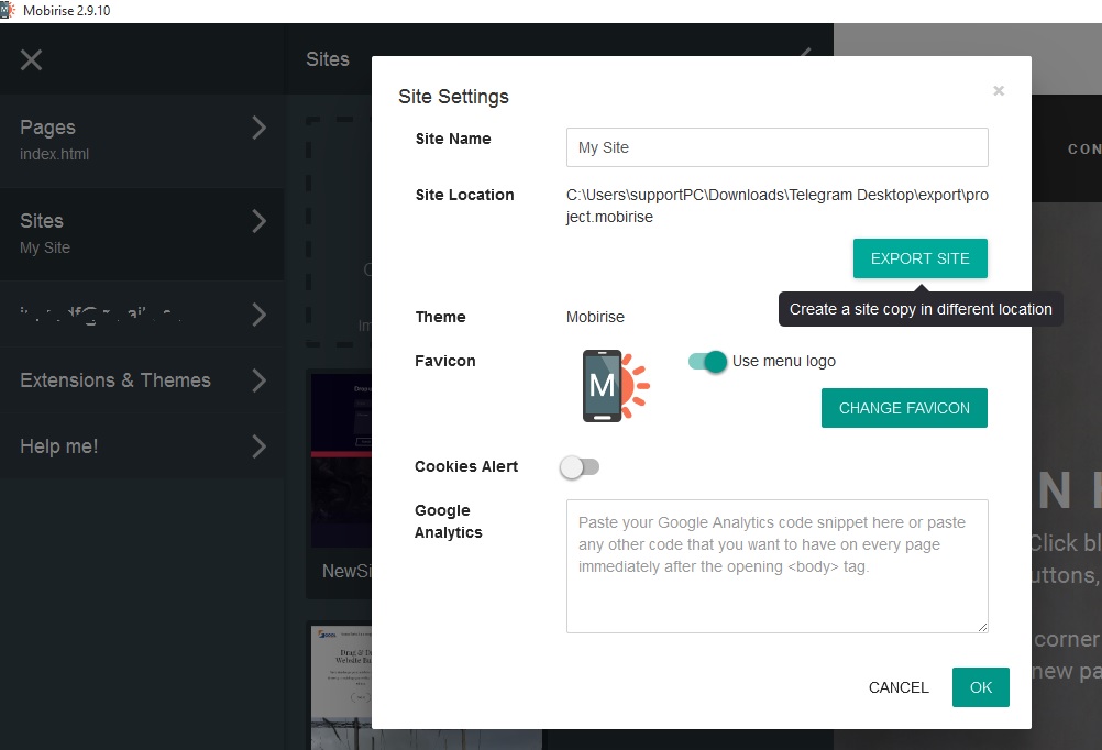 Hello! Developed the site on a computer , how do I open the Mobirise html site creator site created on another computer Go to Site Settings to find the "Export" feature.