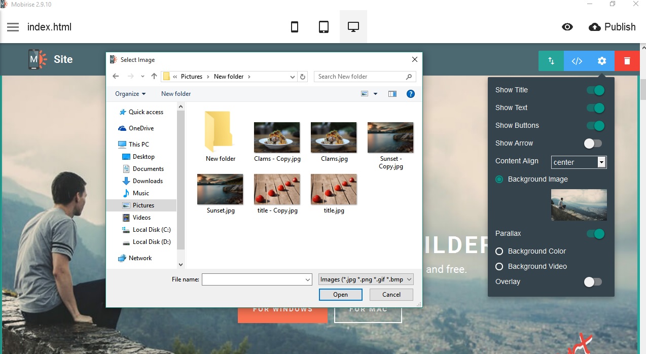 I discovered your Mobirise static site builder app. Just amazing!
But I can't upload an image from my computer to put on background for exemple.