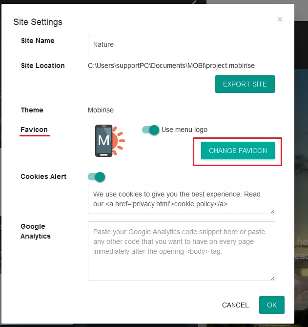 Good Morning ,
How can i change the favicon in Mobirise free easy website maker ,
Thanks Go to the Sites Settings to change a favicon.